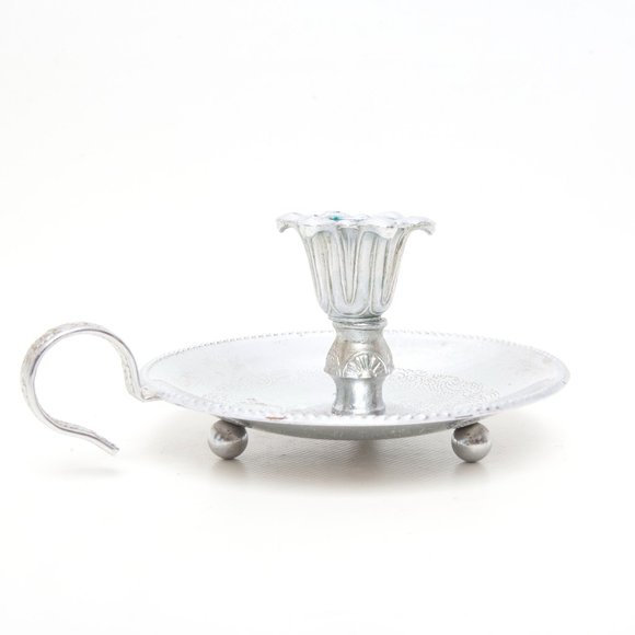 Vintage Silver Plated Chamberstick Embossed Floral Circular Drip Pan Beaded Edge - Picture 1 of 9
